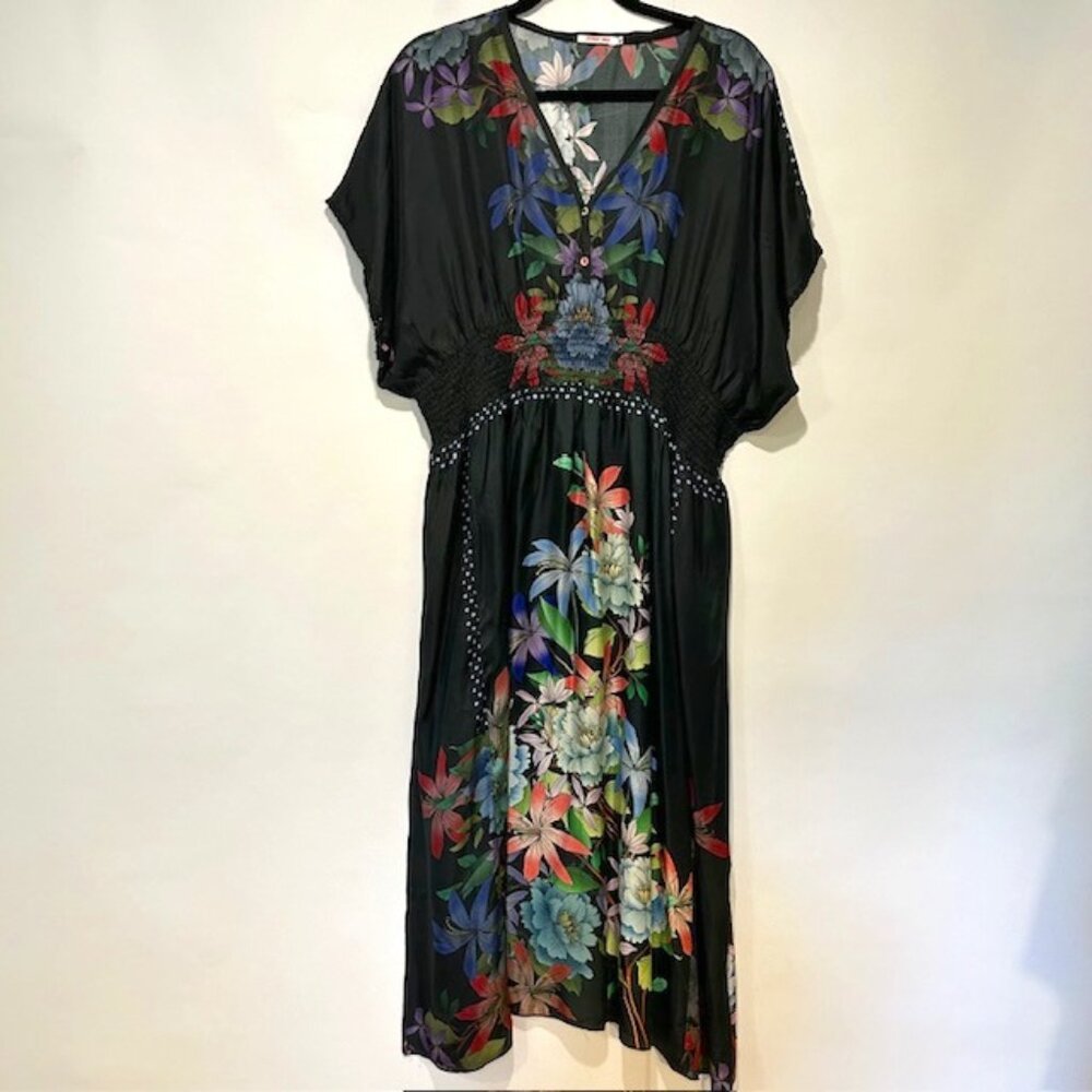 Johnny Was 100%silk floral dress smocked waist
